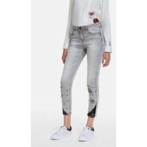 NWT Desigual beaded jeans embellished cropped skinny grey bohemian festival boho